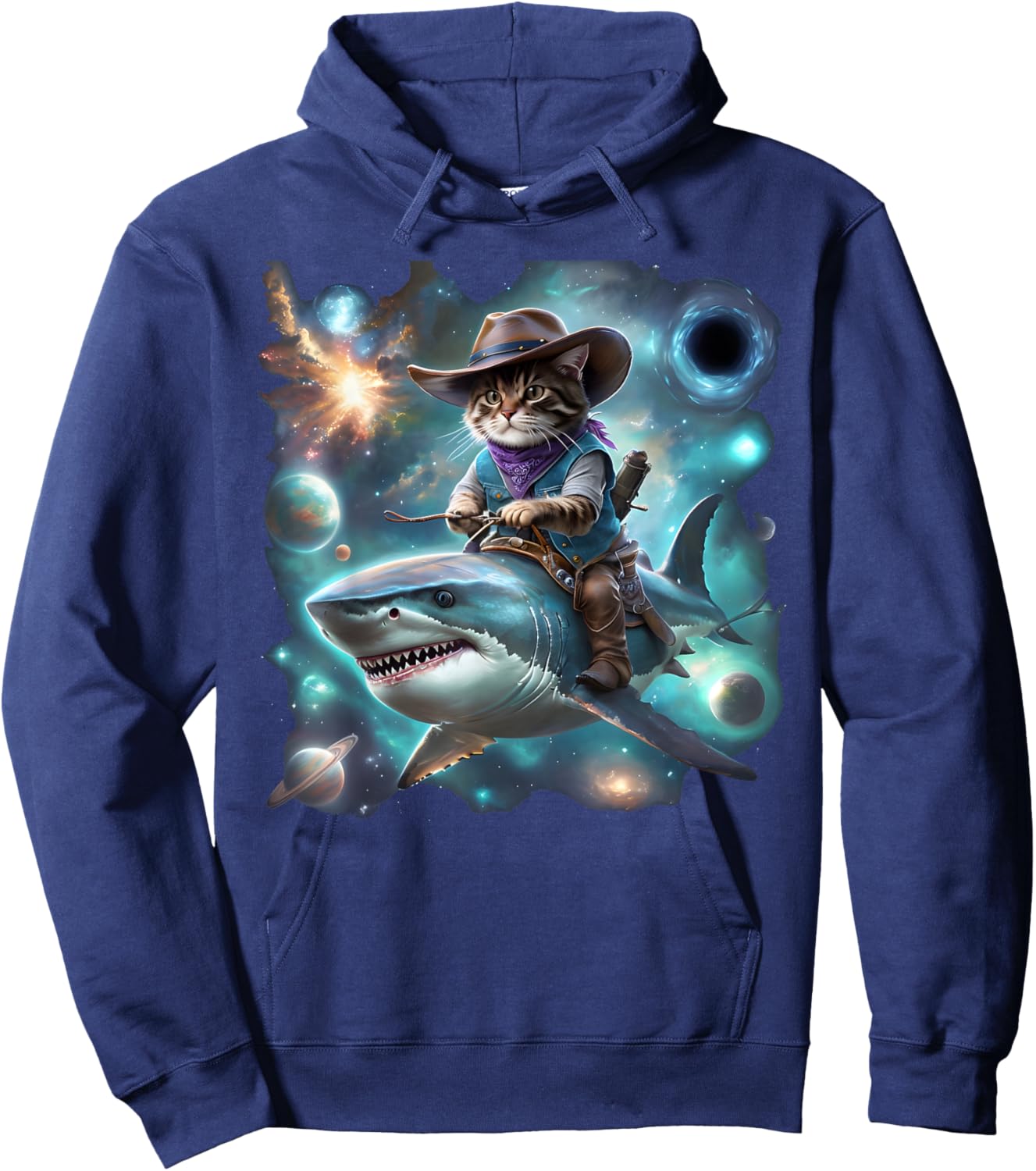 Cat Riding Shark Rainbow Galaxy Cat Cowboy Shark Humor Hoodie - Hoodie | Navy