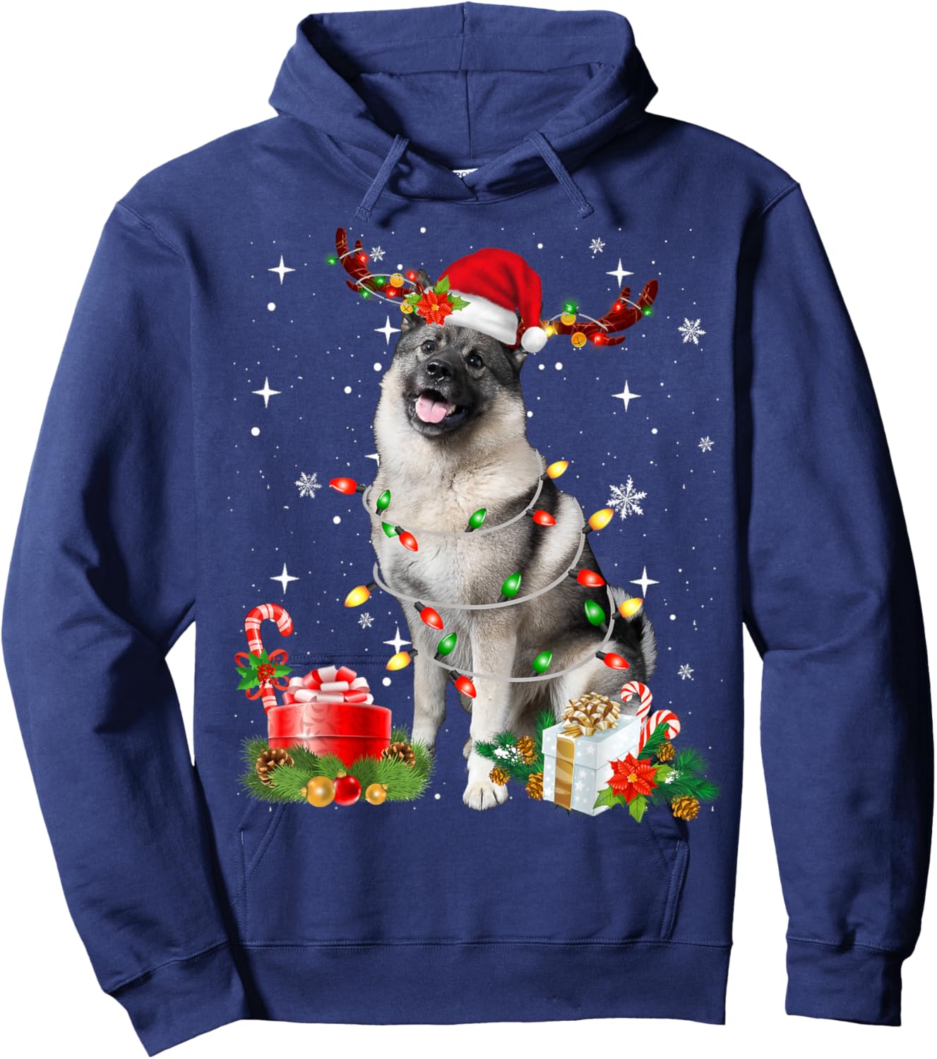 Funny Norwegian Elkhound Santa Hat Christmas Lights Pajama Hoodie - Hoodie | Navy