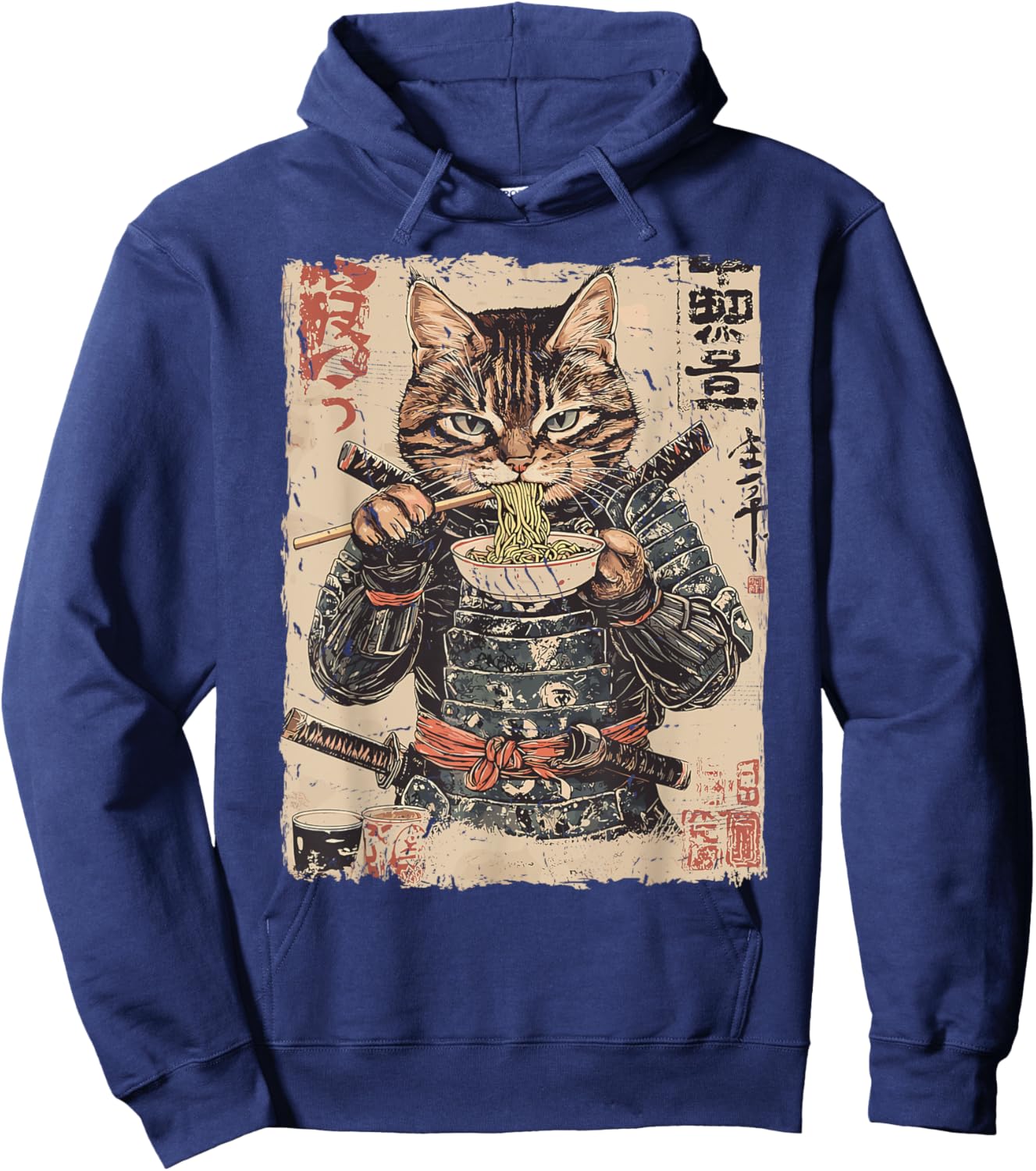 Samurai Cat Loves Ramen Funny Anime Japanese Artwork Samurai Hoodie - Hoodie | Navy