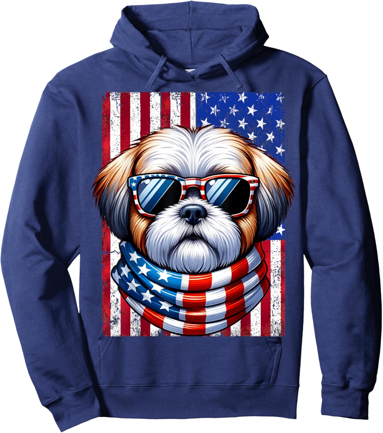 Shih Tzu Wearing American Flag 4th of July Patriotic Dog Hoodie - Hoodie | Navy