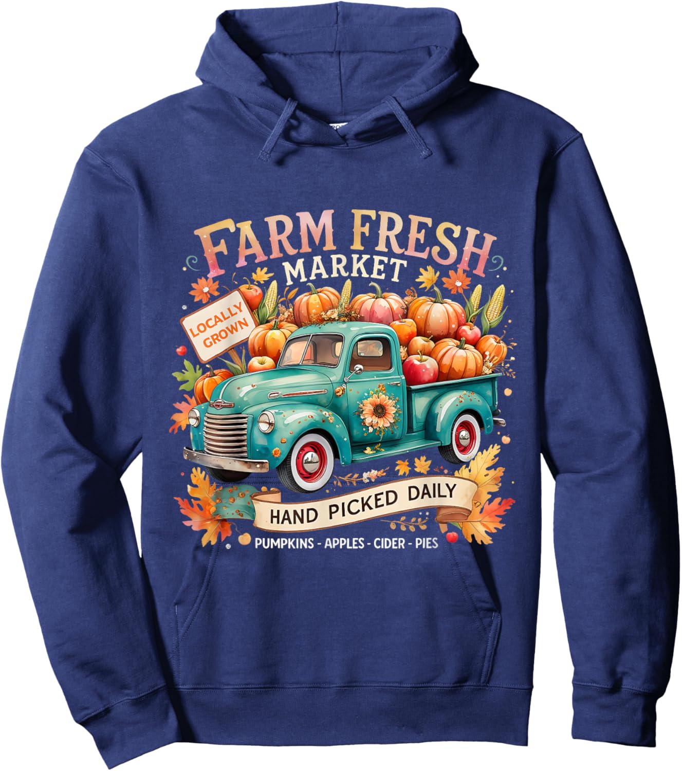 Farm Fresh Market Vintage Truck Pumpkin Fall Hoodie - Hoodie | Navy