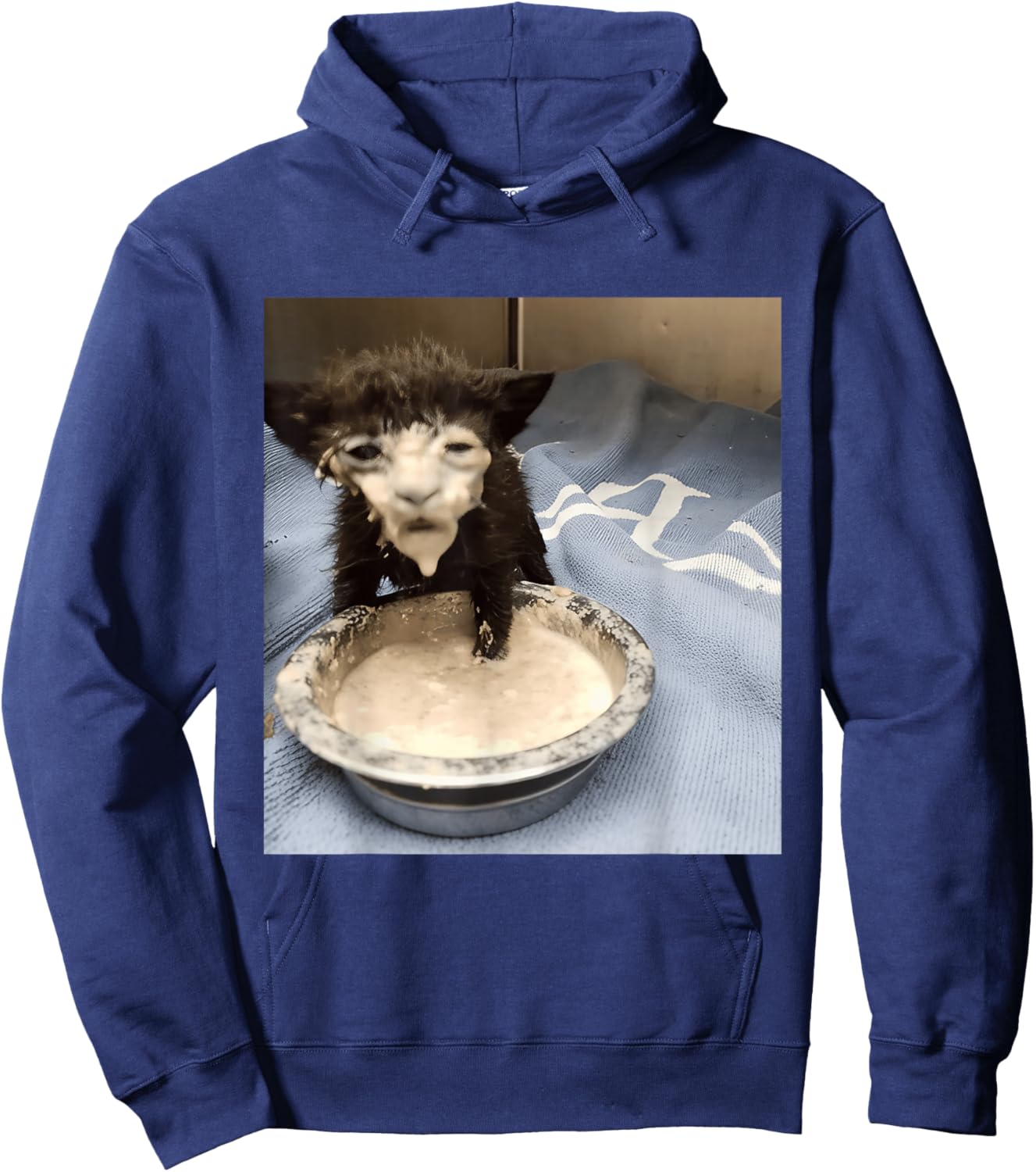 Funny Cat Drinking Milk Meme Whimsical Black Cat Brainrot Hoodie - Hoodie | Navy