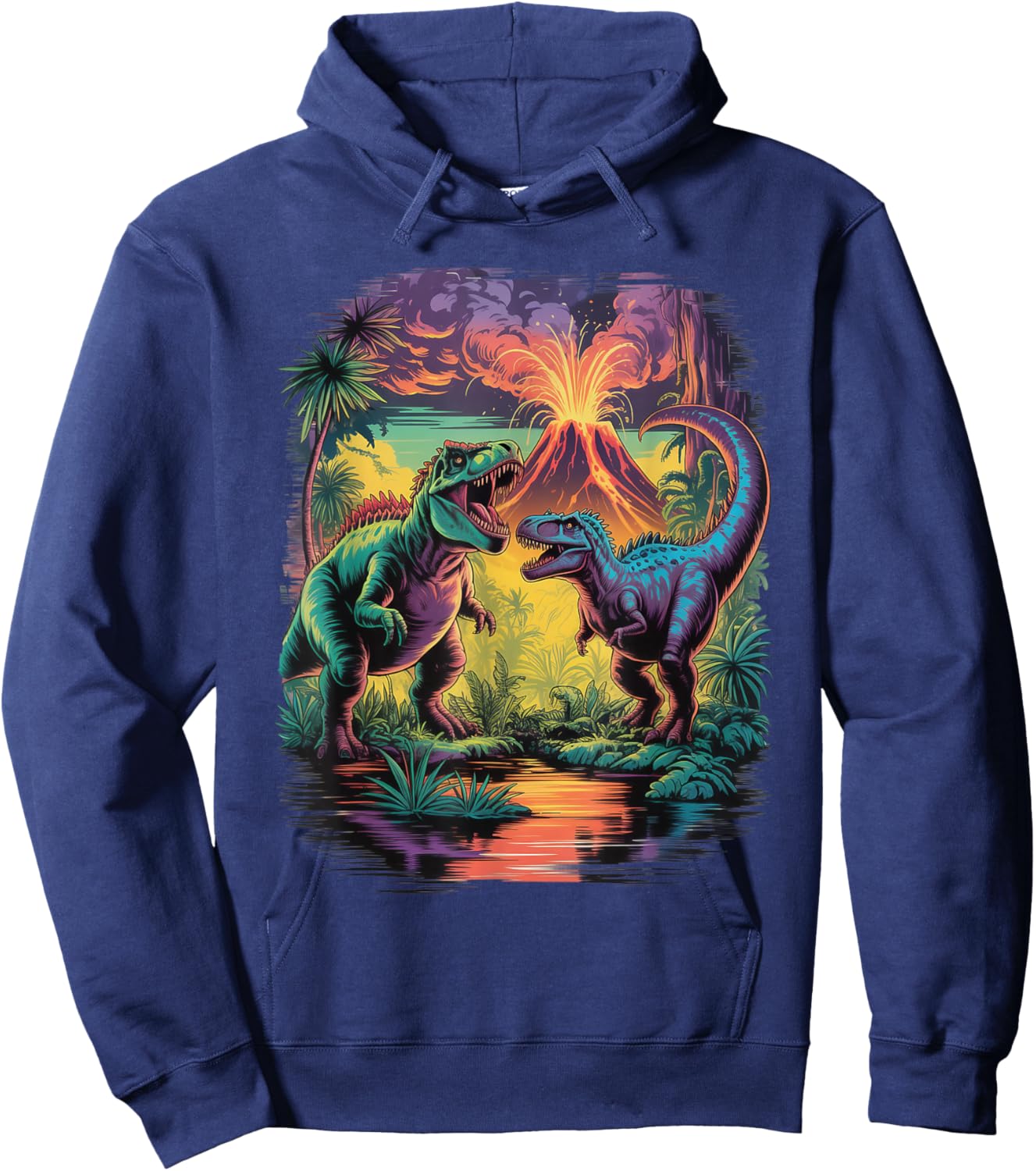 Vintage Retro 90s Airbrushed Dinosaur Volcano Scene Hoodie - Hoodie | Navy