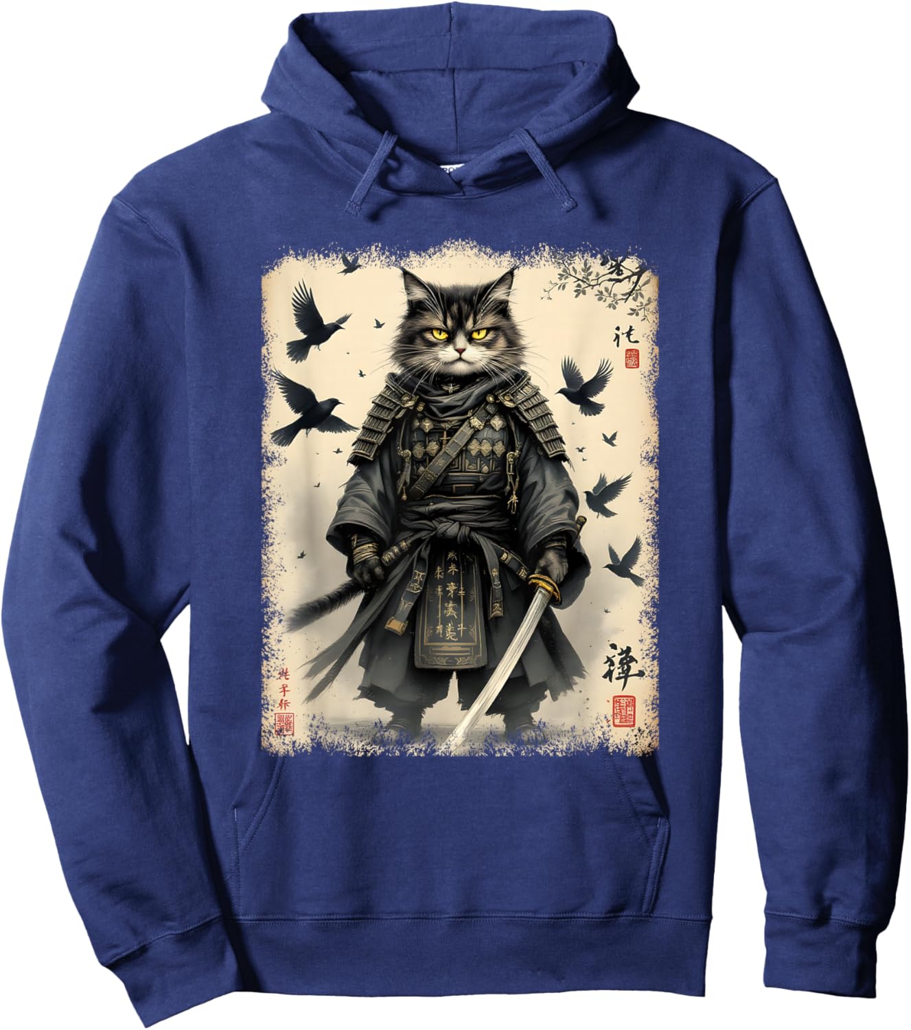 Samurai Cat, Japanese Warrior | Vintage Anime & Samurai Art Hoodie - Hoodie | Navy