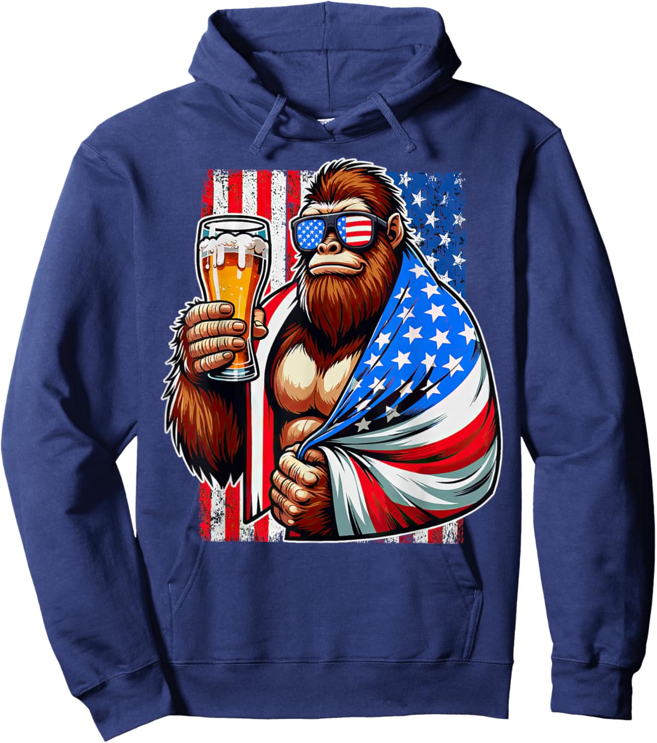Bigfoot American Flag Drinking Beer 4th Of July Patriotic Men Hoodie - Hoodie | Navy