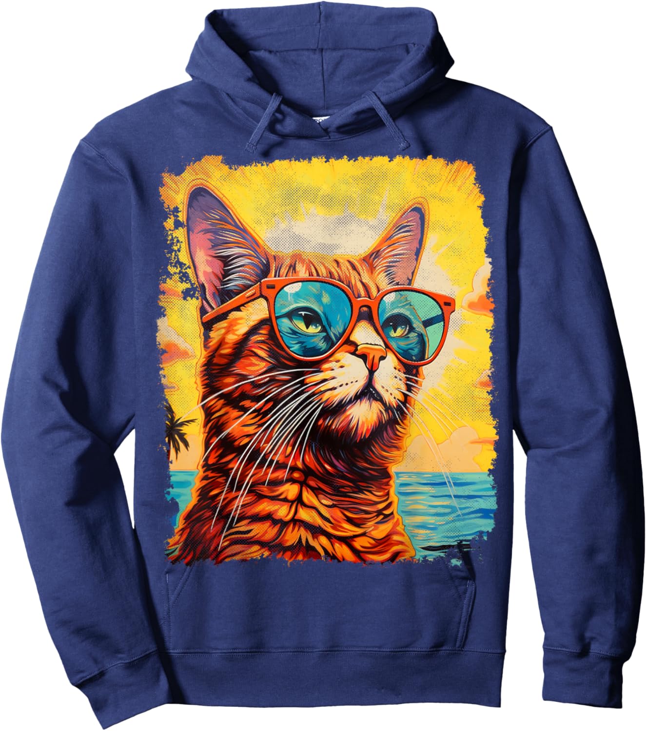 Cat with Sunglasses Graphic Hawaiian Hoodie - Hoodie | Navy