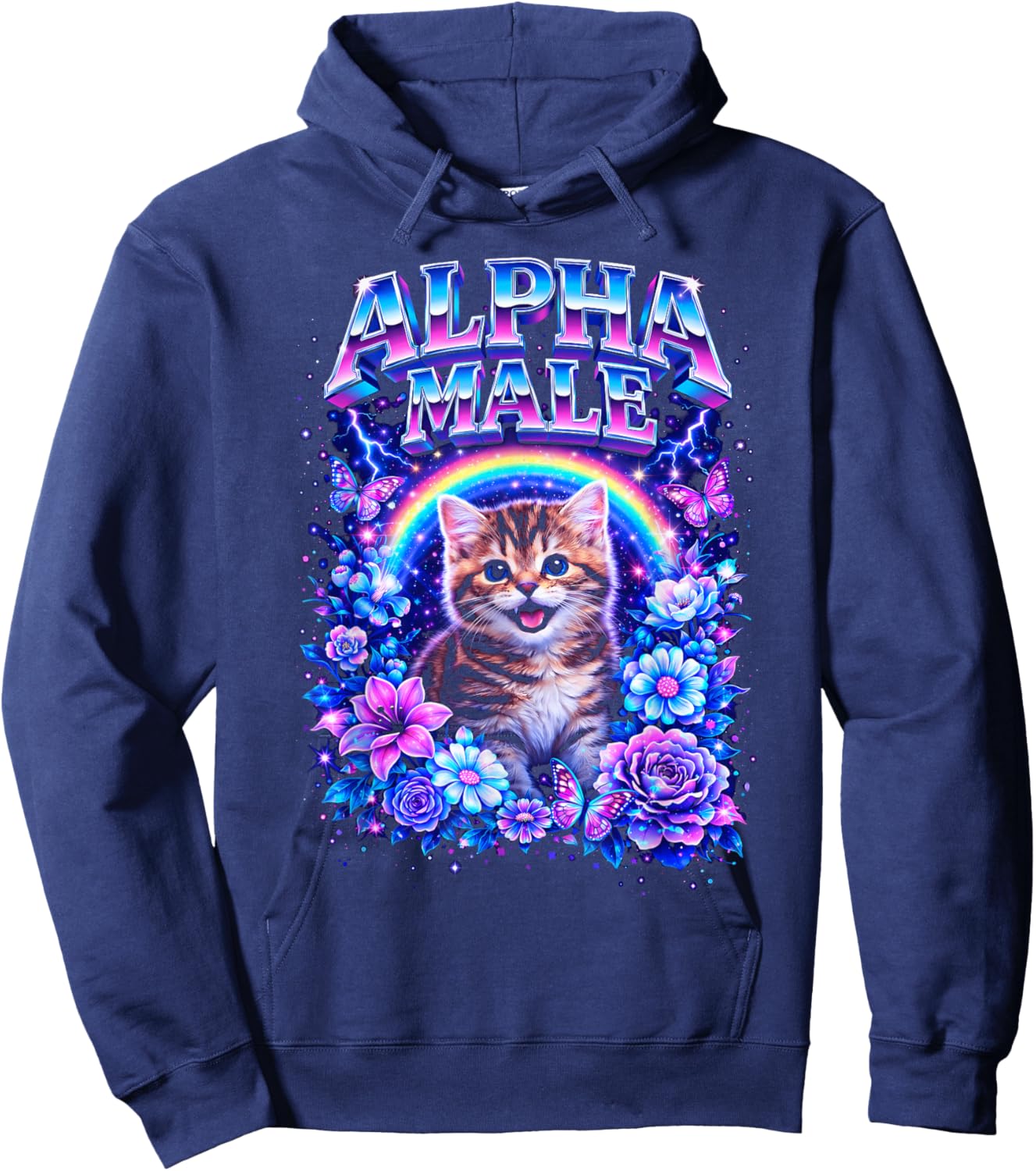 Alpha Male Cat with Rainbow and Flowers Meme Hoodie - Hoodie | Navy