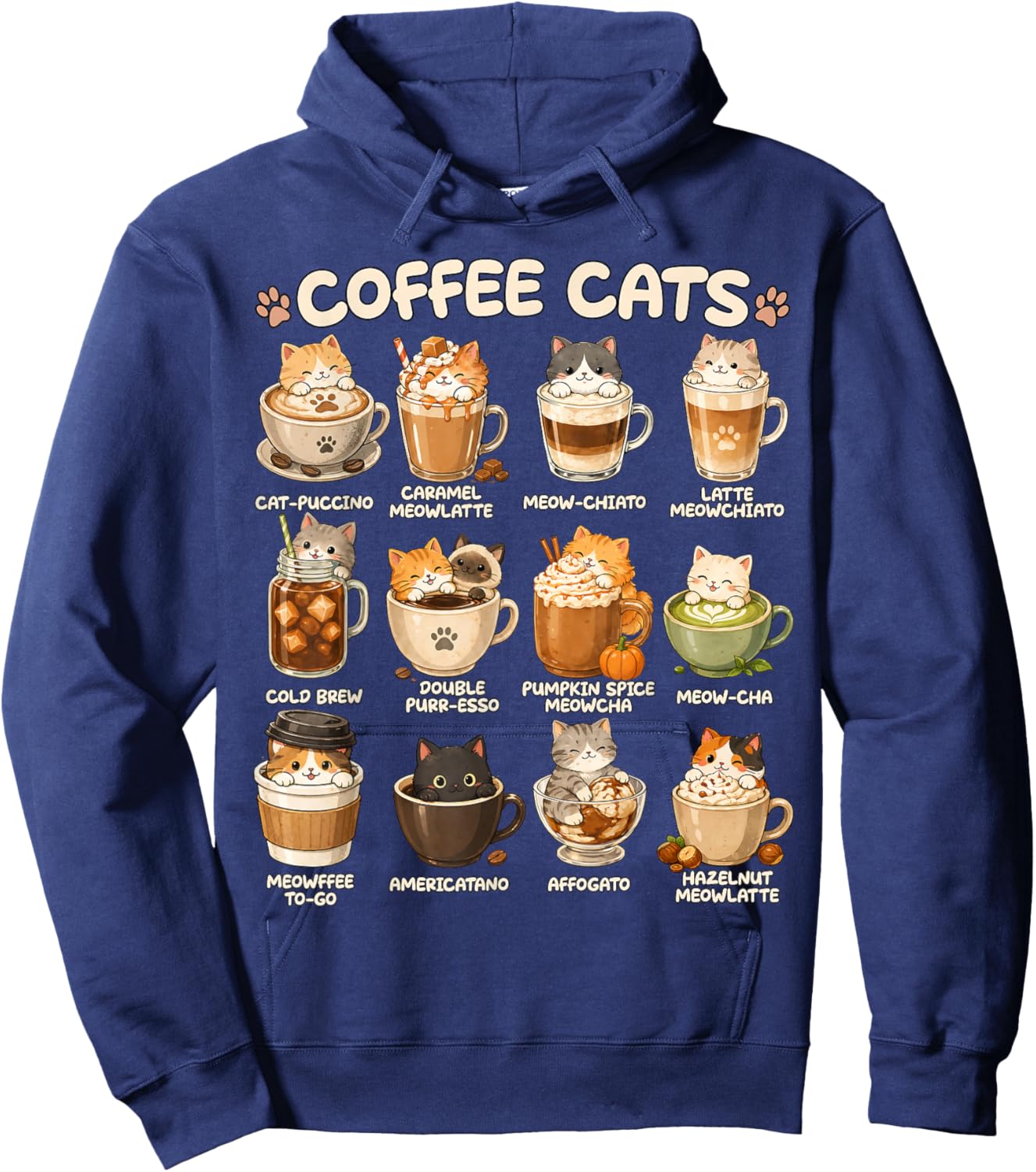 Kawaii Coffee Cats Cappuccino, niedliches Katzen-Café-Design, Anime-Design Hoodie - Hoodie | Navy