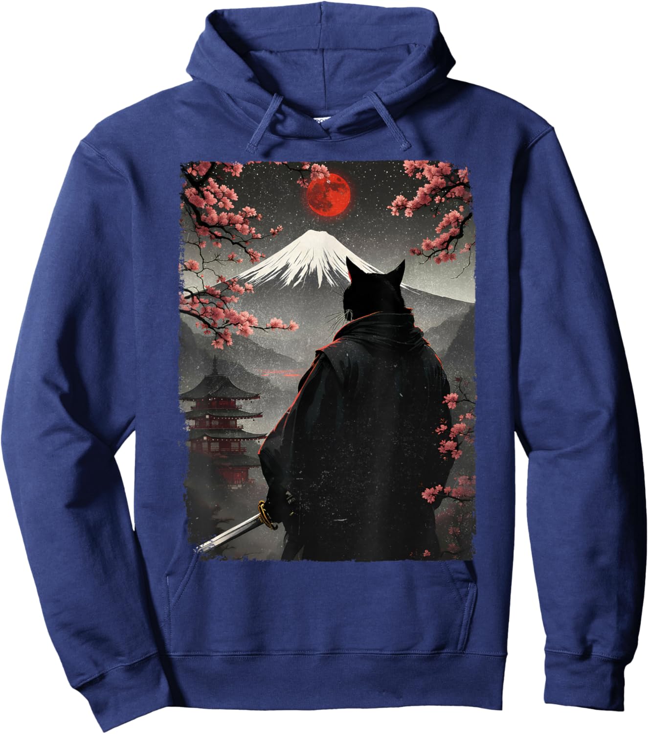 Samurai Cat Warrior Blood Moon Fuji Mount Japanese Graphic Hoodie - Hoodie | Navy