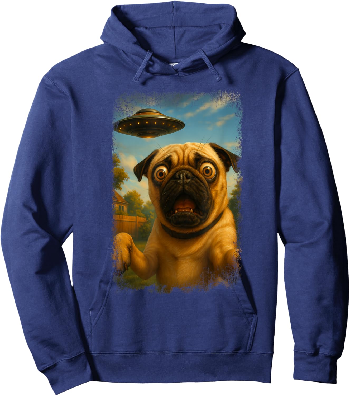 Distressed Pug UFO Selfie with Alien Humor Hoodie - Hoodie | Navy