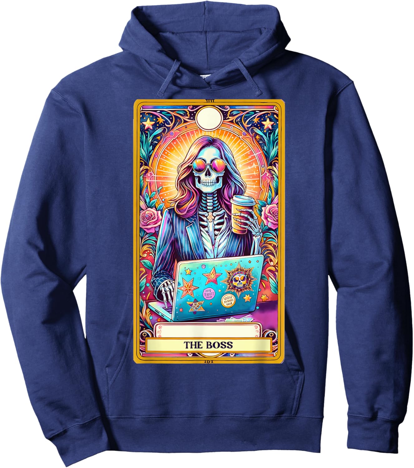 Women Boss Tarot Card Skeleton Work Hustle Leadership Coffee Hoodie - Hoodie | Navy