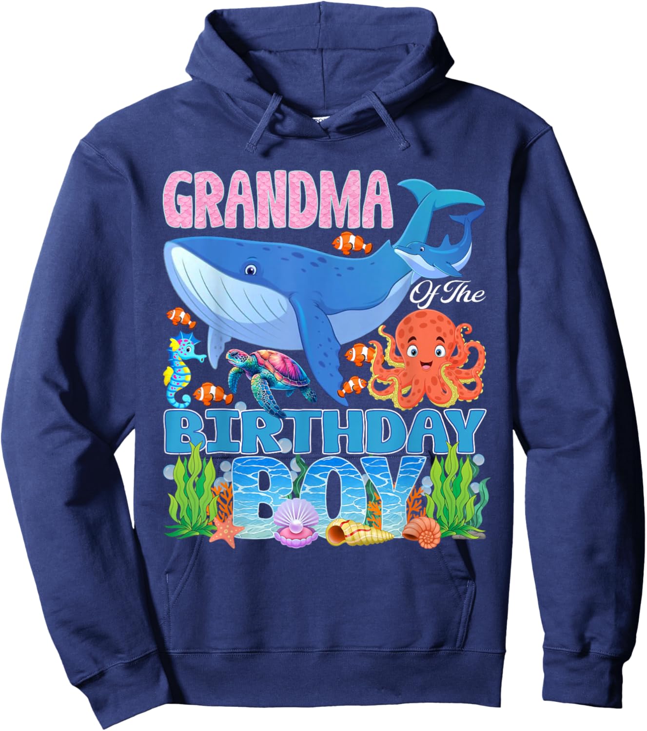 Grandma of The Birthday Boy Aquarium Sea Animals Matching Hoodie - Hoodie | Navy