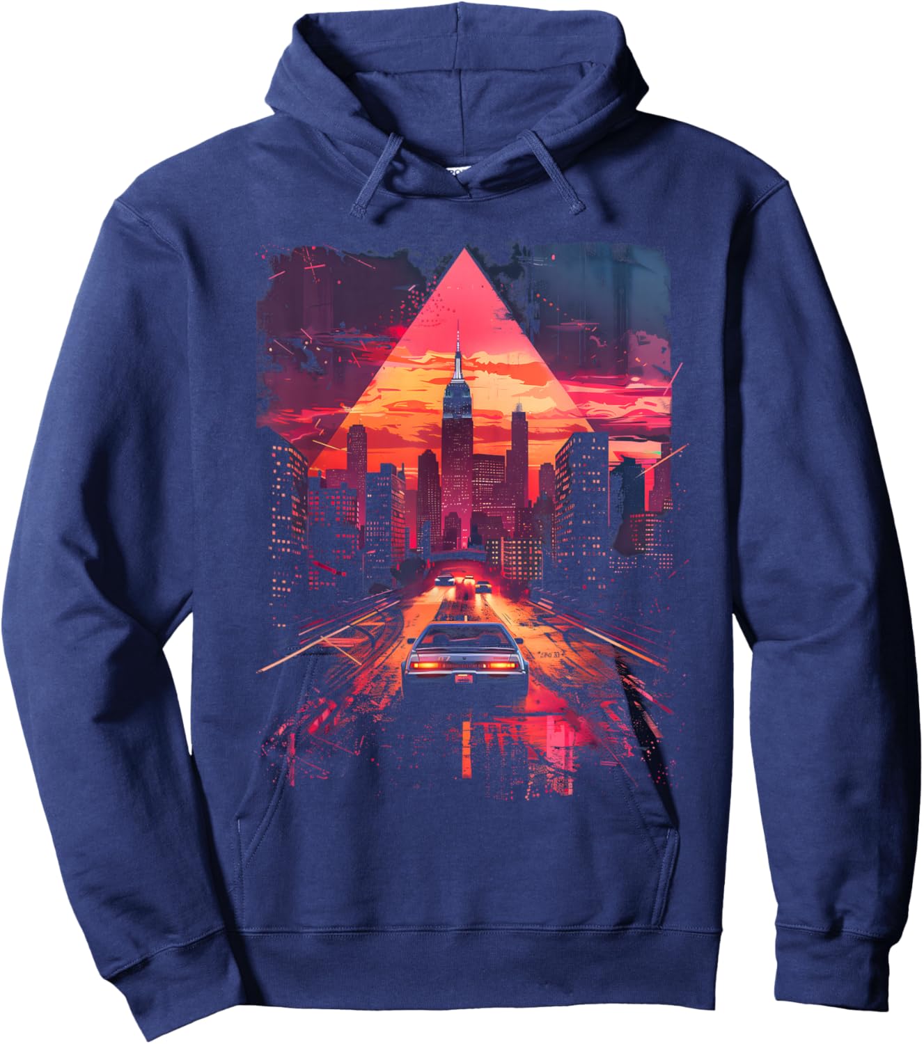 Retro Car 1980s 1990s Retrowave Aesthetic City Skyline Hoodie - Hoodie | Navy