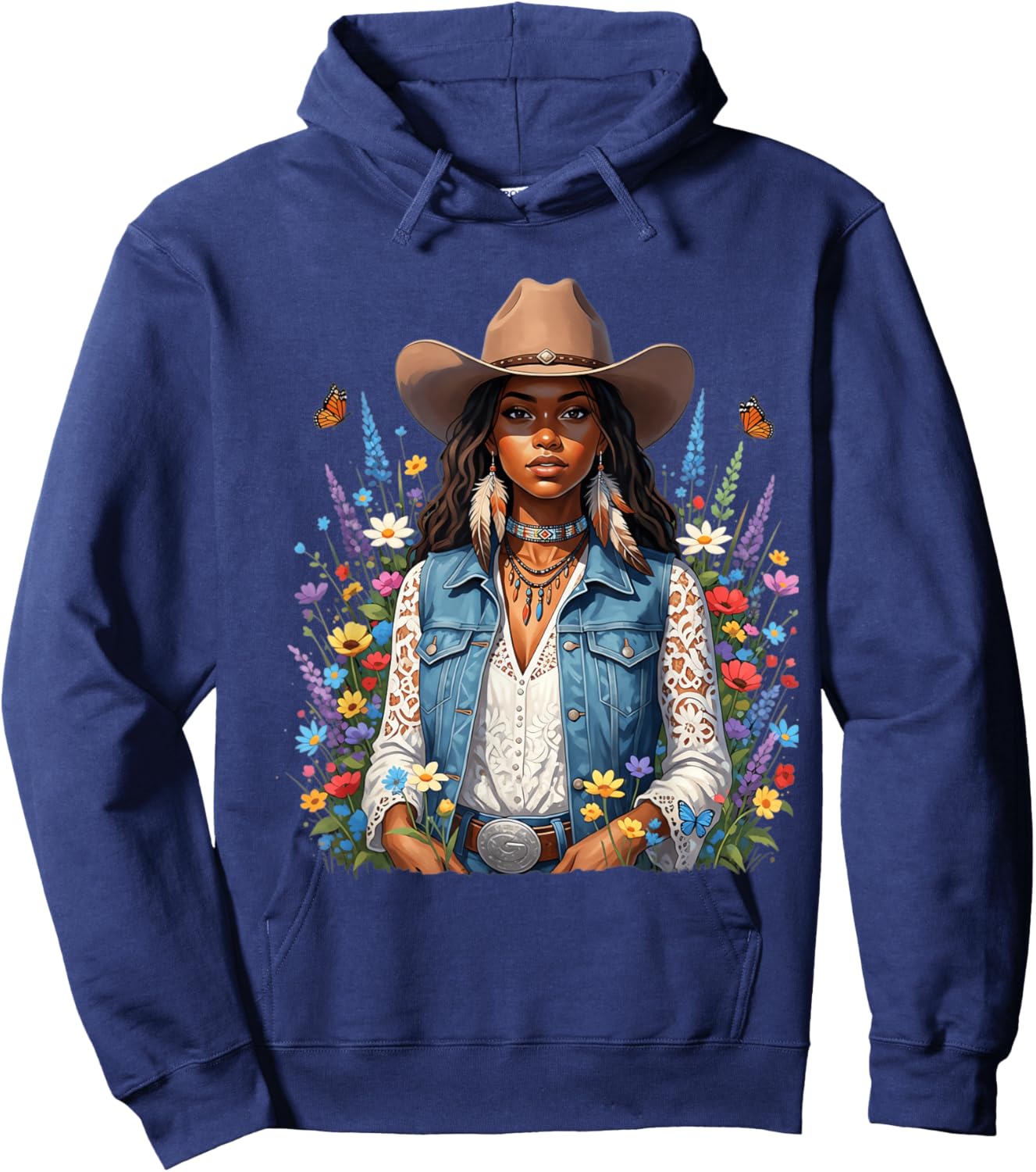 Beautiful Black Cowgirl with Wildflower Western Vibes Flower Hoodie - Hoodie | Navy