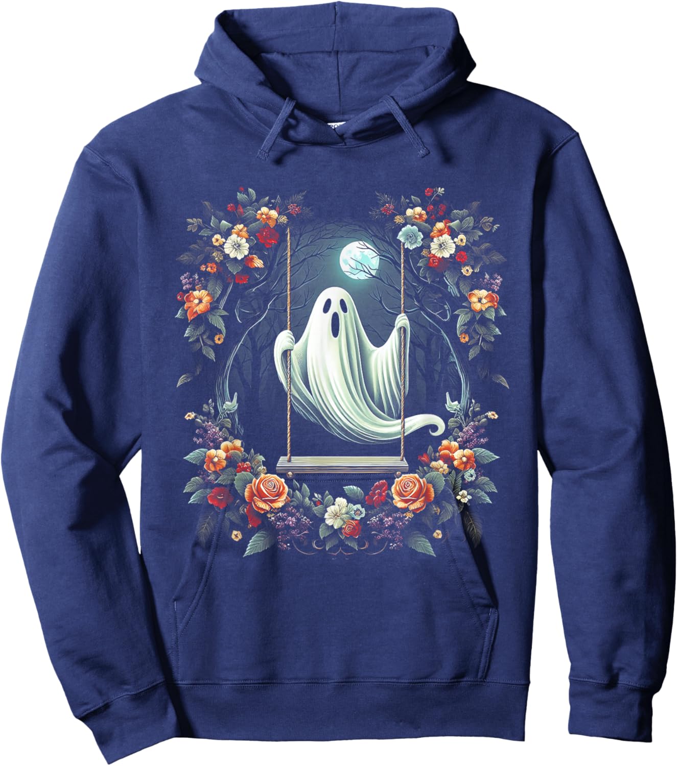 Vintage Floral Ghost On Swing In Forest Halloween Gothic Hoodie - Hoodie | Navy