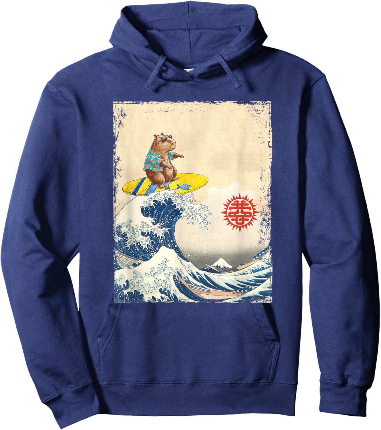 Cute Japanese Great Wave Kanagawa Surfing Capybara Hoodie - Hoodie | Navy