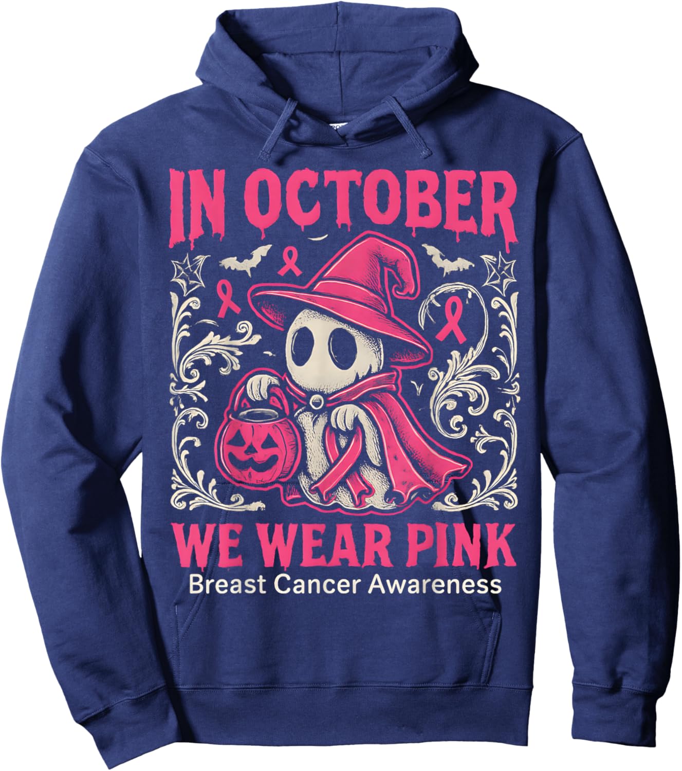 in October We Wear Pink Ghost Halloween Women Breast Cancer Hoodie - Hoodie | Navy