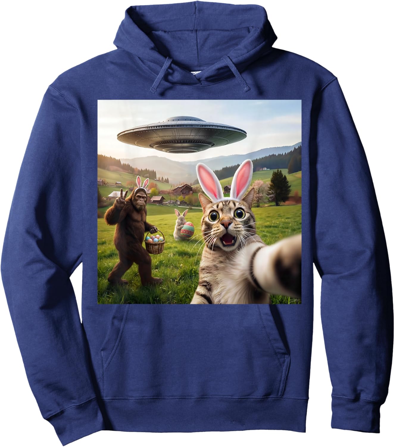 Lustiges Katzen-Selfie mit Osterhase Bigfoot UFO für Männer Frauen Hoodie - Hoodie | Navy