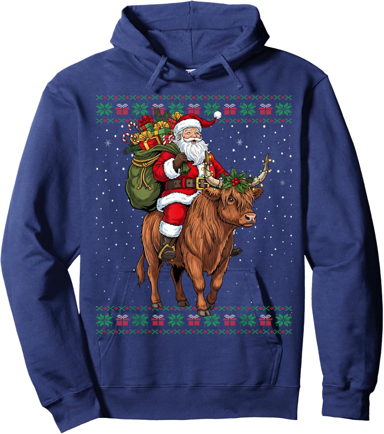 Santa Riding Highland Cow Ugly Christmas Sweater Hoodie - Hoodie | Navy