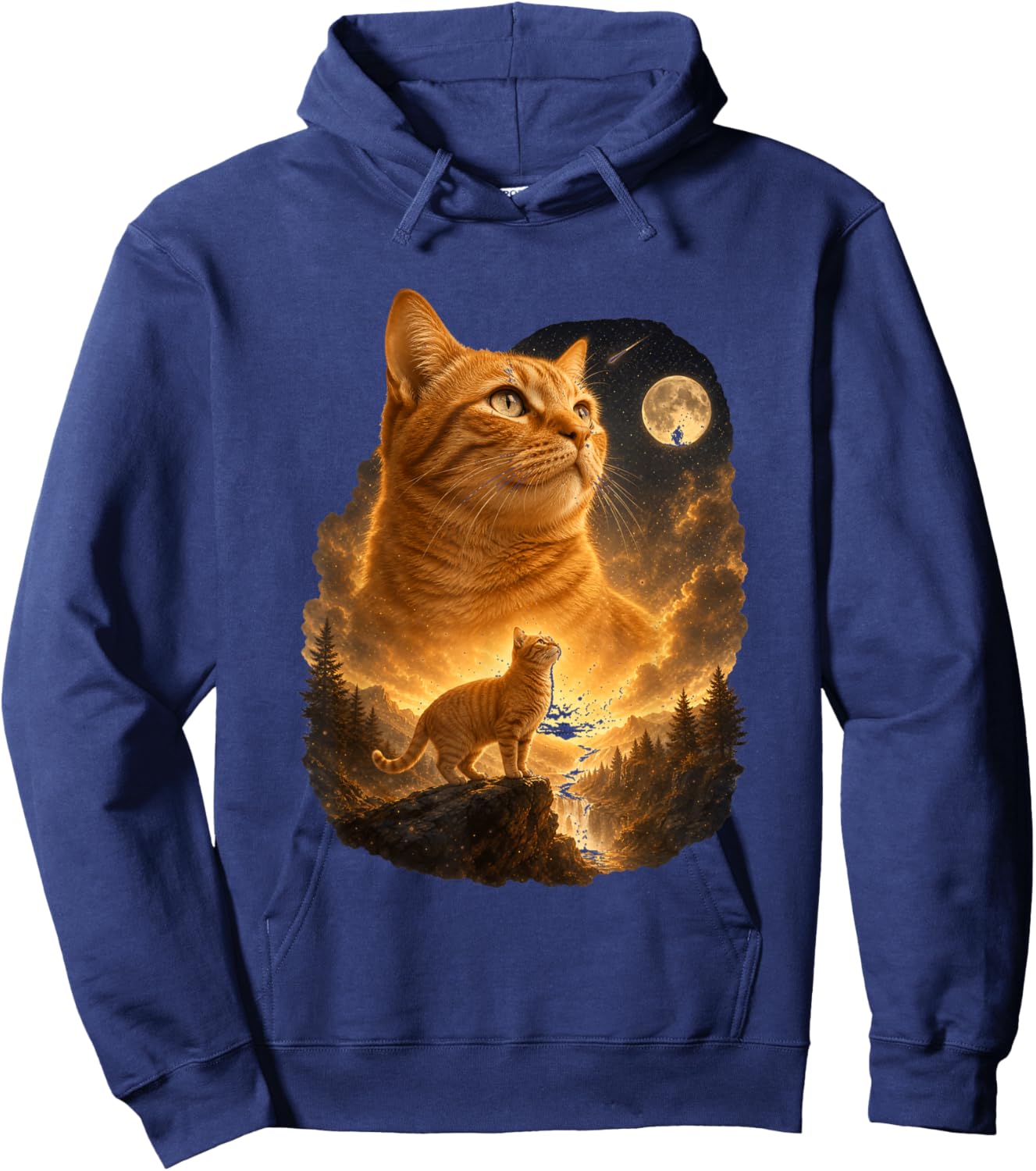 Orange Cat Howling at The Moon Cosmic Night Sky Hoodie - Hoodie | Navy