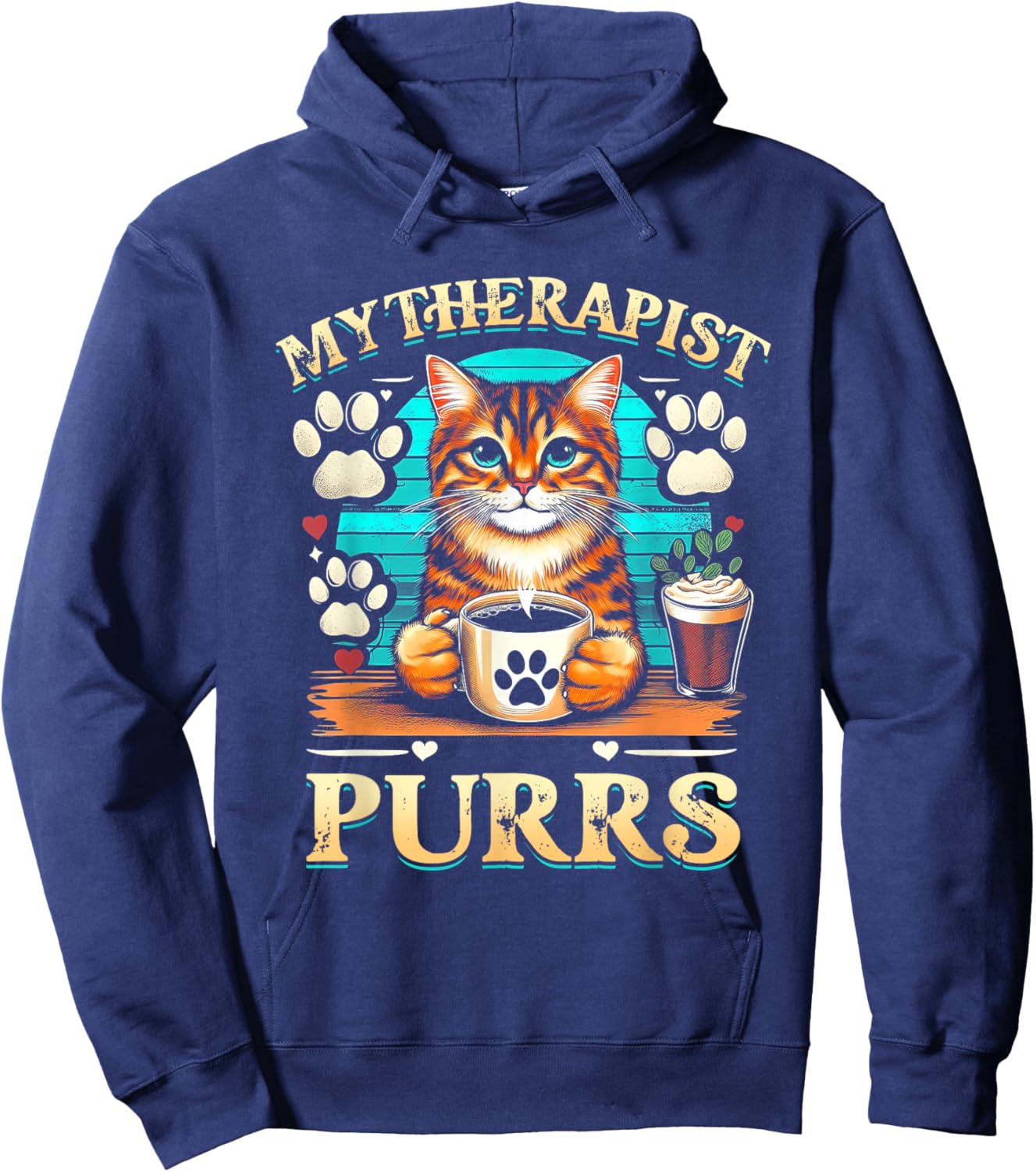 Cat Lover Cat Humor My Therapist Purrs Paw Print Hoodie - Hoodie | Navy