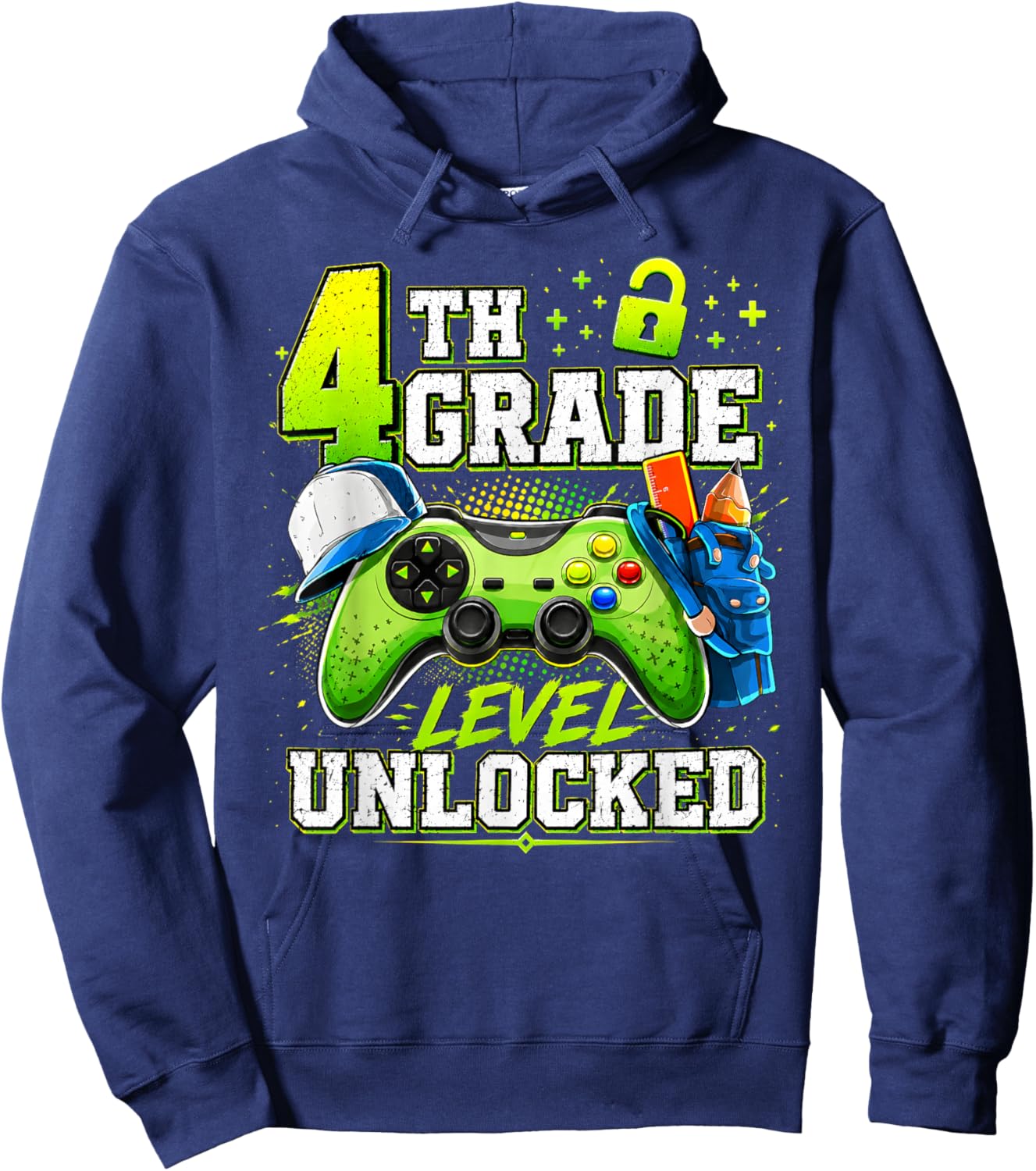 Back to School 4th Fourth Grade Level Unlocked Gamer Kid Hoodie - Hoodie | Navy