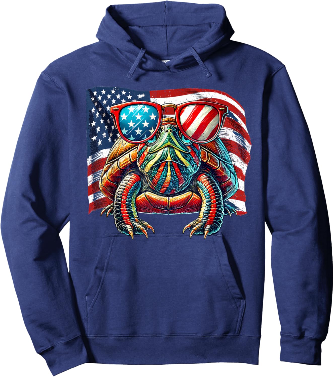 Red-Eared Slider Turtle USA Flag Patriotic Sunglasses Pets Hoodie - Hoodie | Navy