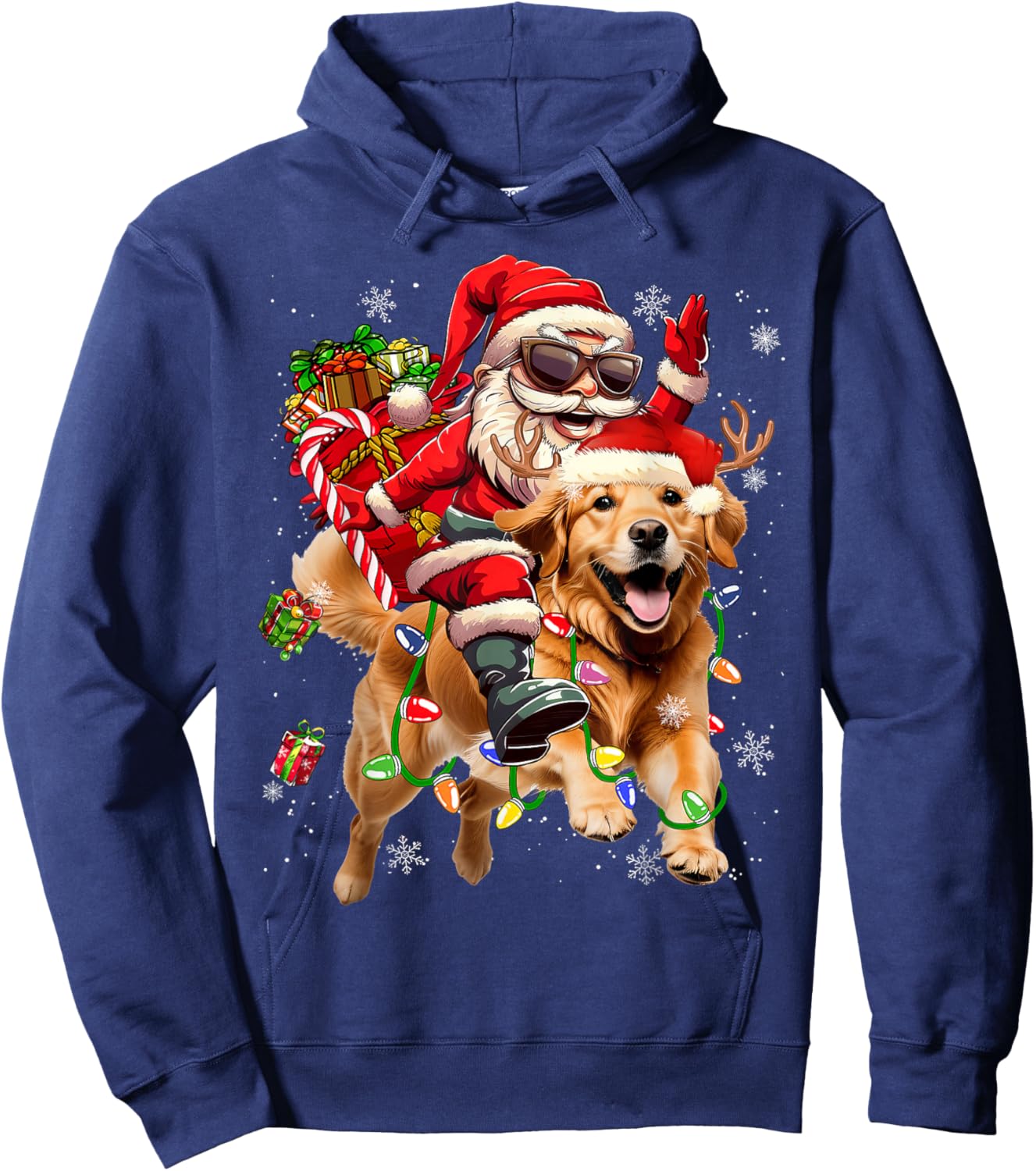 Merry Christmas 2025 Santa Riding Golden Retriever Dog Xmas Hoodie - Hoodie | Navy