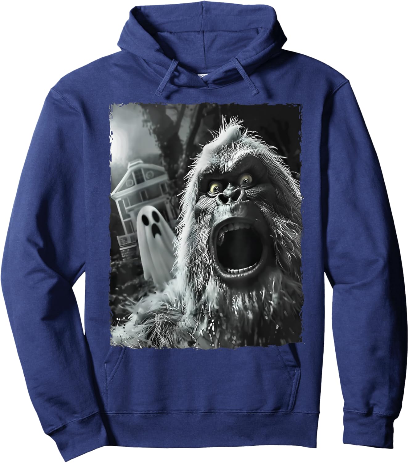 Bigfoot Sasquatch Selfie with Ghost Halloween Haunted House Hoodie - Hoodie | Navy