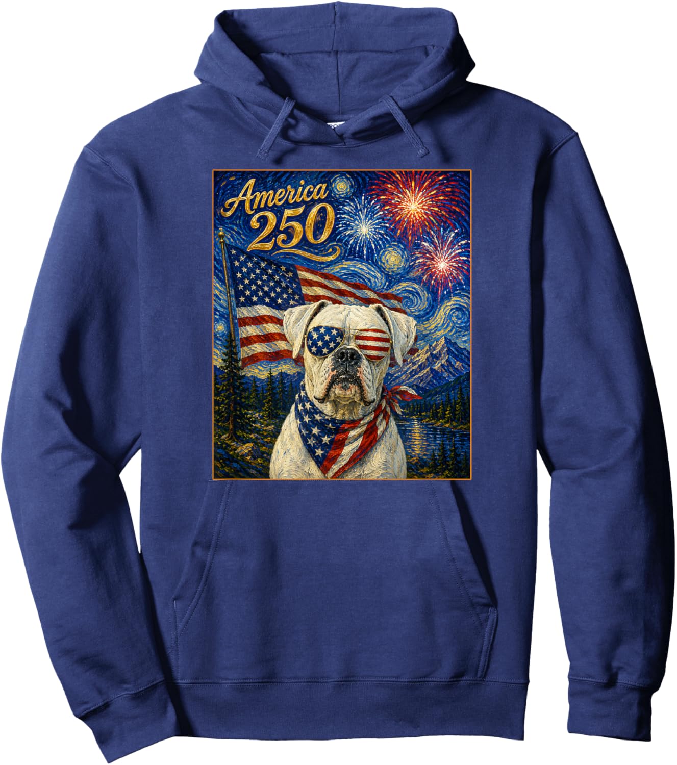 Boxer Dog Art on America 250 Anniversay 4th of July USA Flag Hoodie - Hoodie | Navy