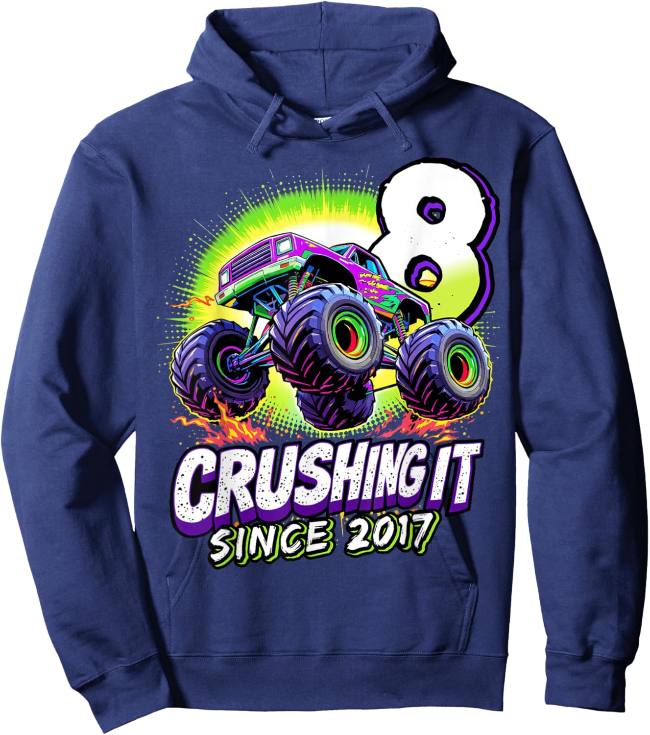 Birthday Monster Truck 8 year Old Boys 8th Party Born 2017 Hoodie - Hoodie | Navy