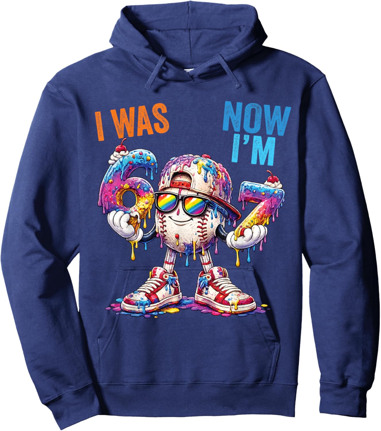 I was 6 Now I'm 7 Birthday Baseball Drip Boys Kids 67 Meme Hoodie - Hoodie | Navy
