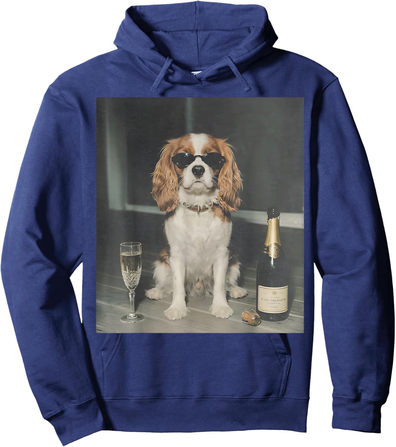Cavalier King Charles Drinking Champagne Funny Dog Meme Hoodie - Hoodie | Navy