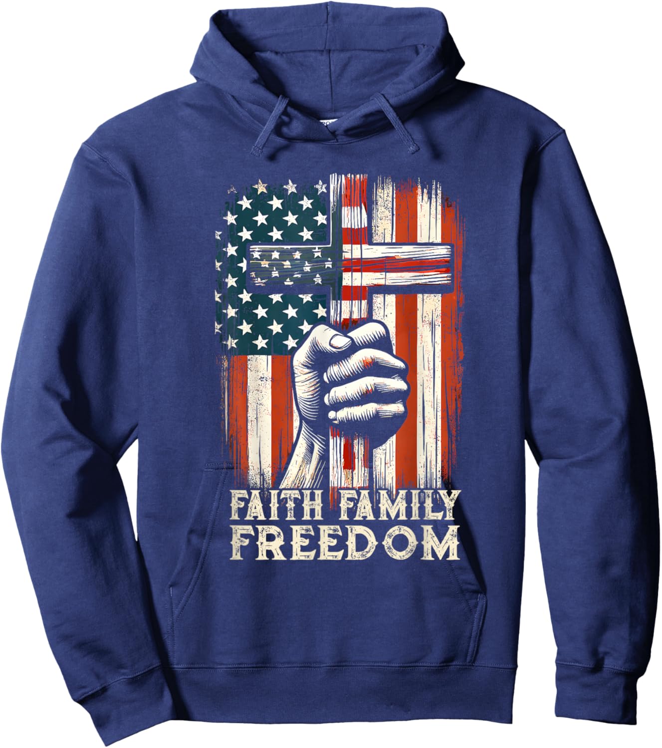 Vintage USA Flag Faith Family Freedom Patriotic Christian Hoodie - Hoodie | Navy