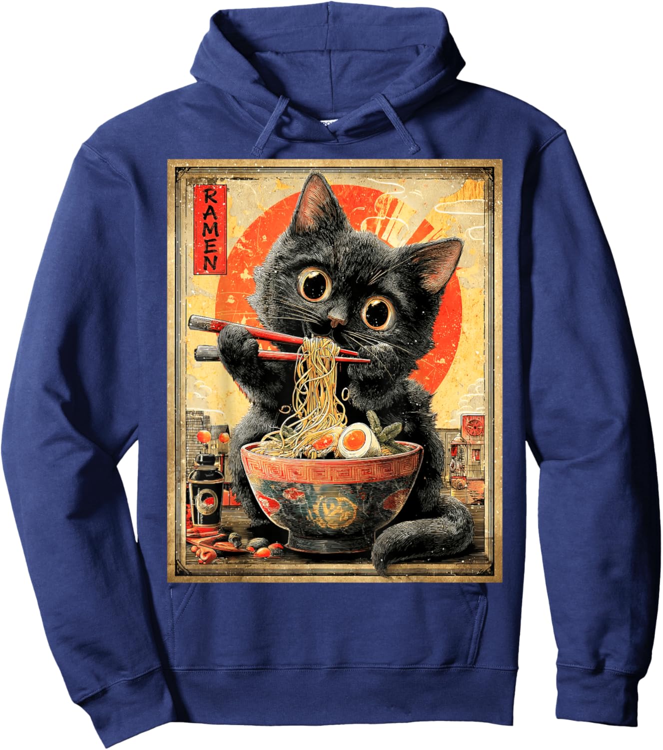 Funny Ramen Cat Anime Otaku Noodles Graphic Hoodie - Hoodie | Navy