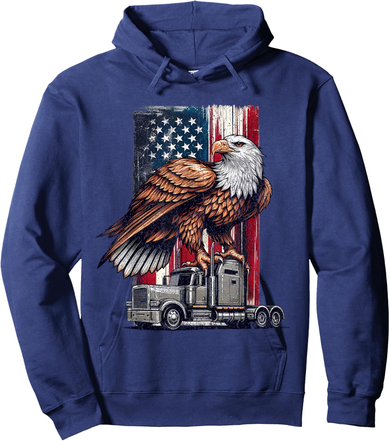 Vintage Trucking Trucker American Flag Patriotic Eagle Hoodie - Hoodie | Navy