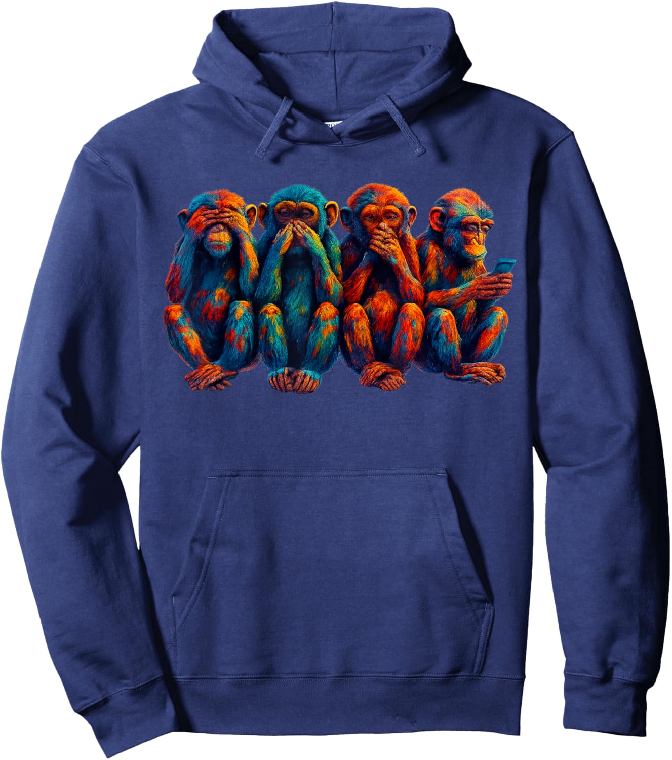 Three Wisdom Monkeys Use A Smartphone. Funny Four Wise Monkeys Hoodie - Hoodie | Navy