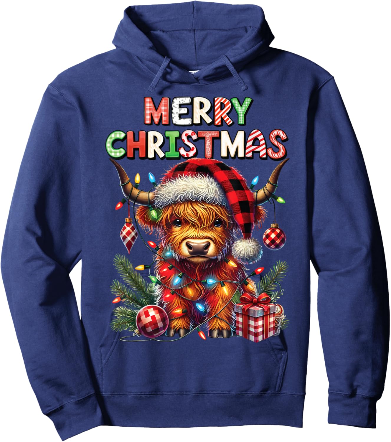 Merry Christmas Scottish Highland Cow Xmas Farm Animal Lover Hoodie - Hoodie | Navy