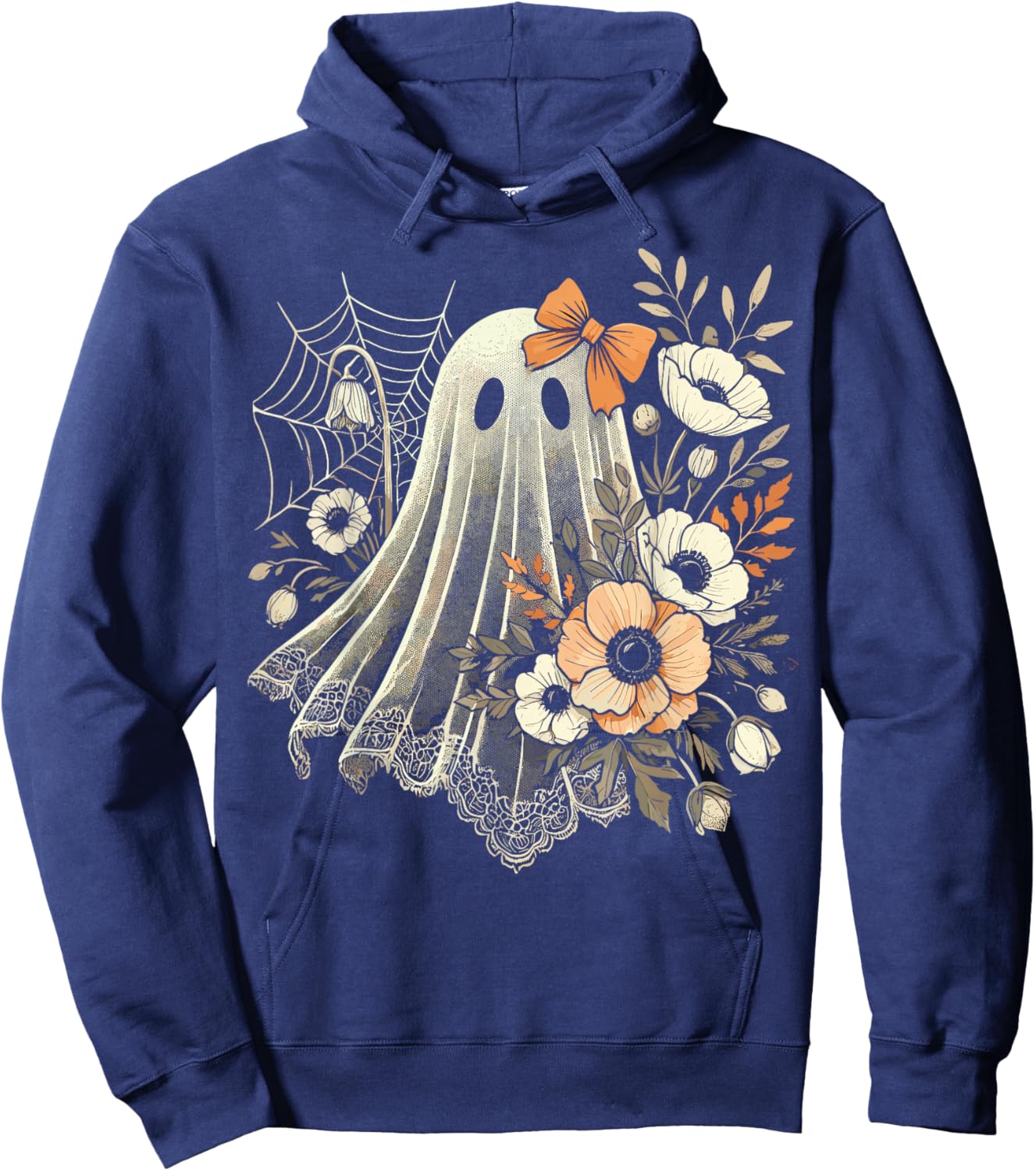 Halloween Ghost with Flowers Vintage Hoodie - Hoodie | Navy