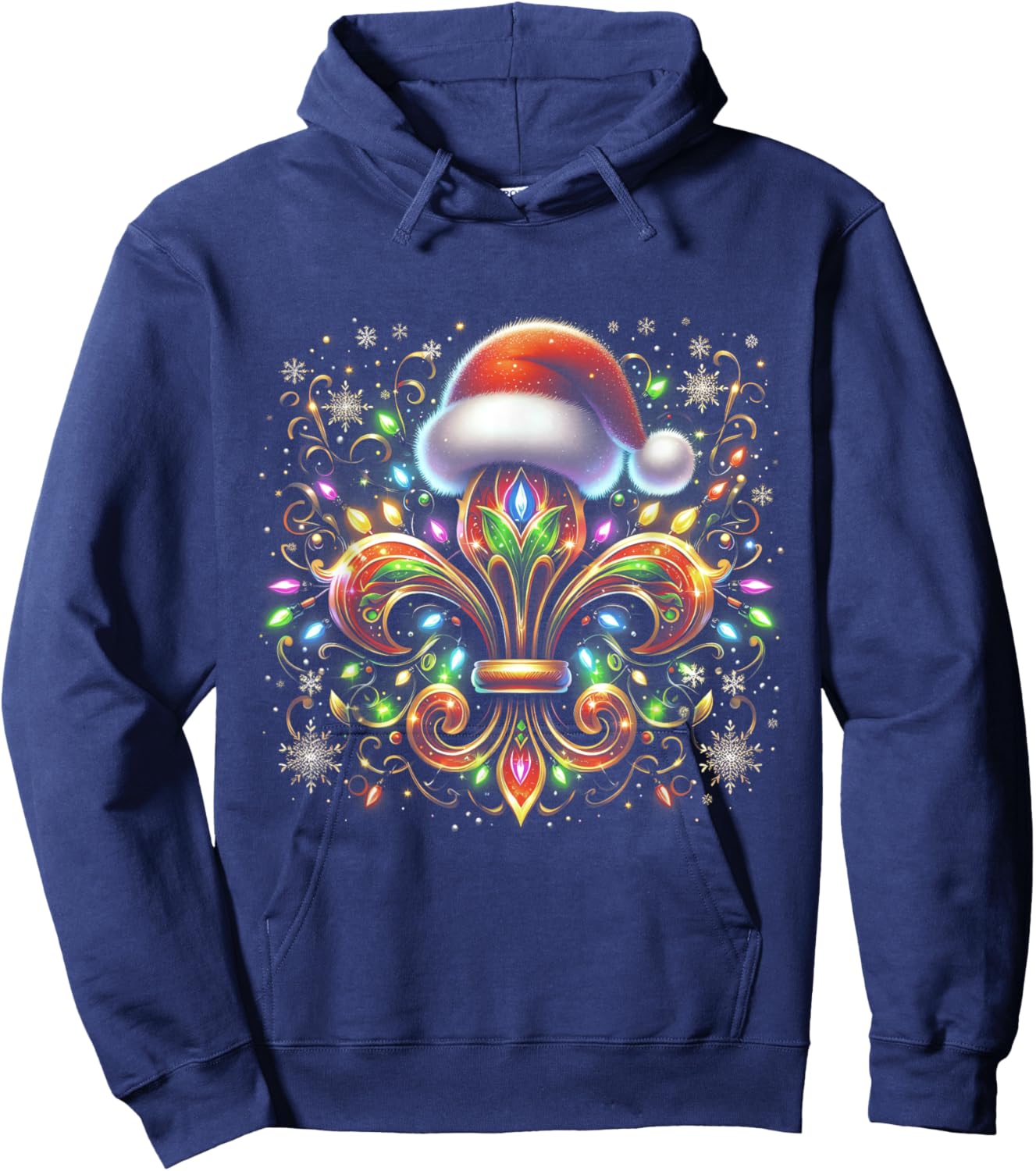 Fleur De-Lis Christmas Ornament with Santa Hat Xmas Lights Hoodie - Hoodie | Navy