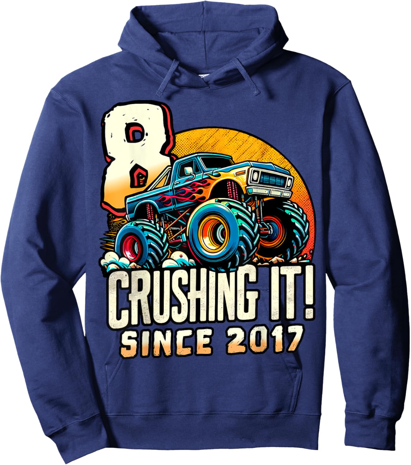 Birthday Monster Truck 8 year Old Boys 8th Party Born 2017 Hoodie - Hoodie | Navy