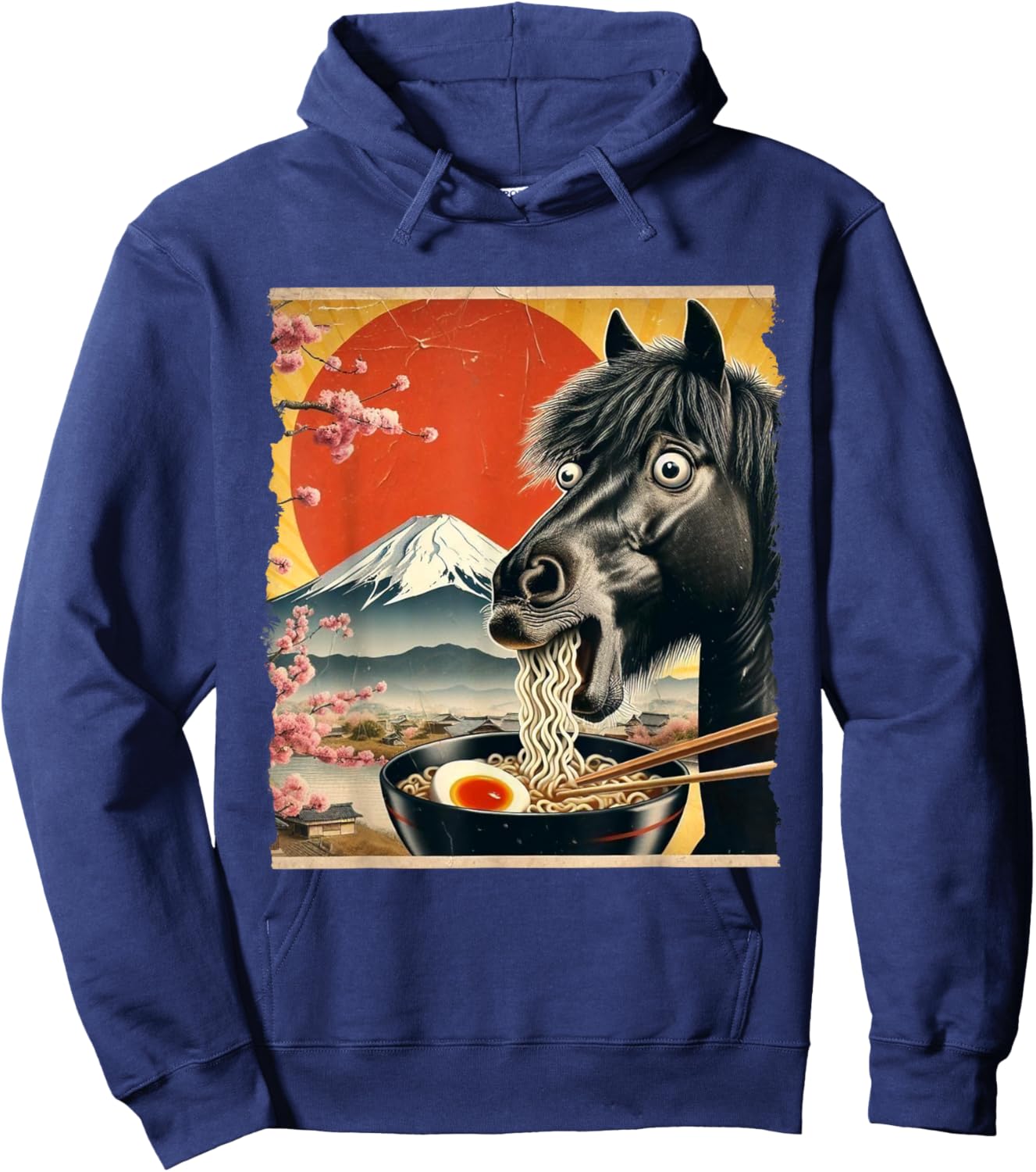 Funny Horse Eating Ramen Noodles Vintage Kawaii Hoodie - Hoodie | Navy