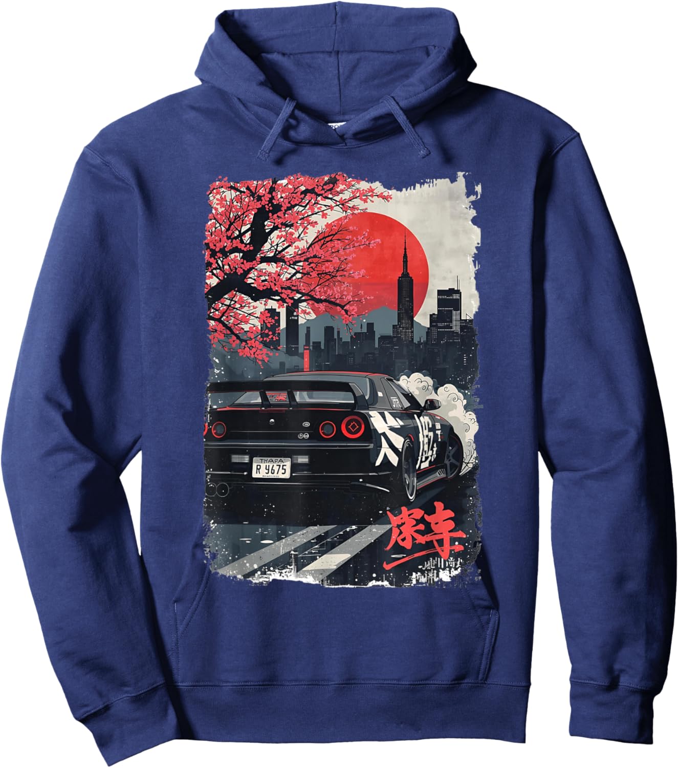 Distress JDM Drift-Rennwagen, Japanisches Sakura-Blütenkunstwerk Hoodie - Hoodie | Navy