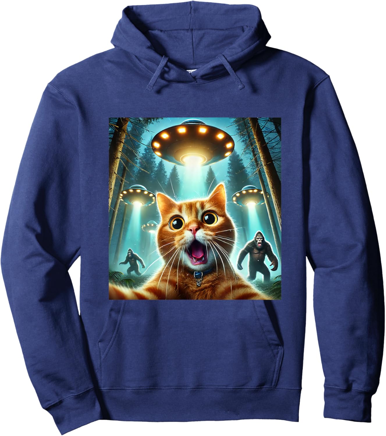 Cat Selfie With Bigfoot And Alien UFO Funny Hoodie - Hoodie | Navy