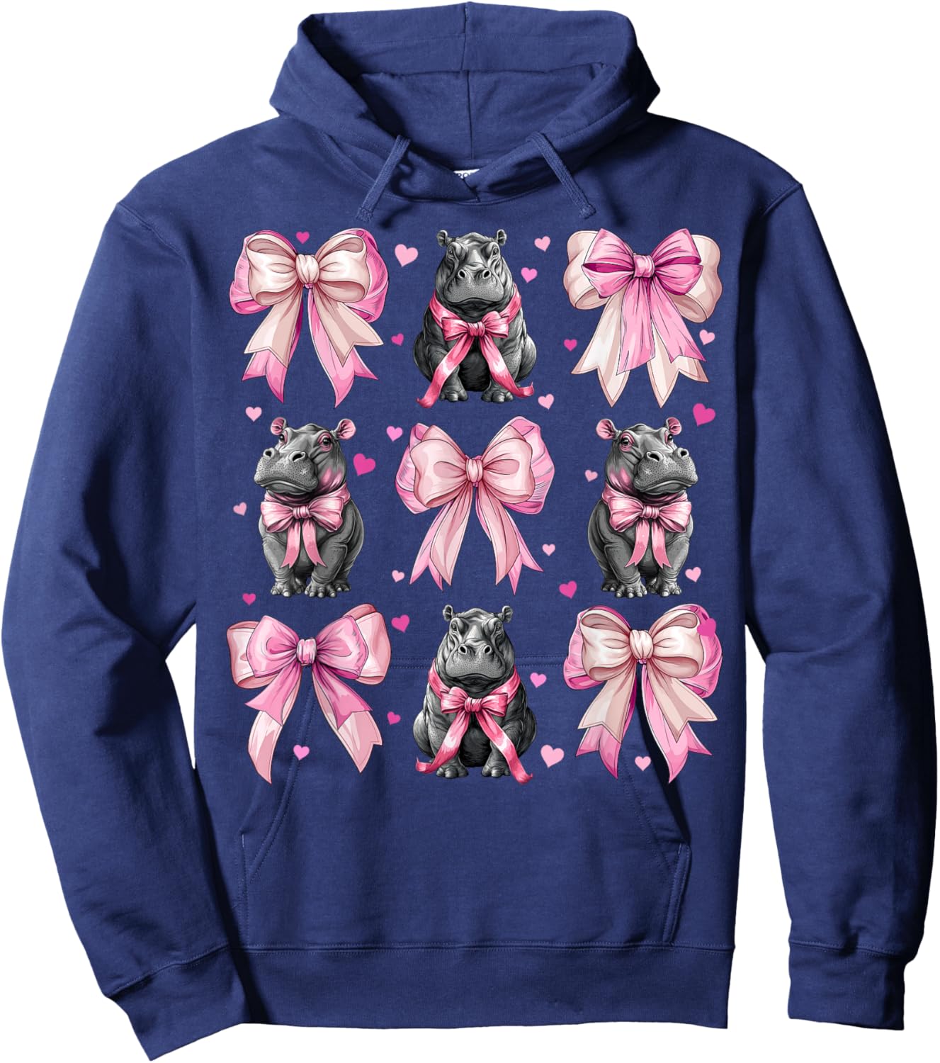 Coquette Bow Hippo Hippopotamus Blushing Girl Mom Pink Hoodie - Hoodie | Navy