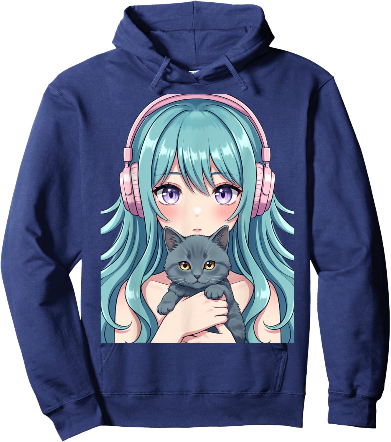 Kawaii Anime Girl Holding Kitten Cute Cat Illustration Hoodie - Hoodie | Navy