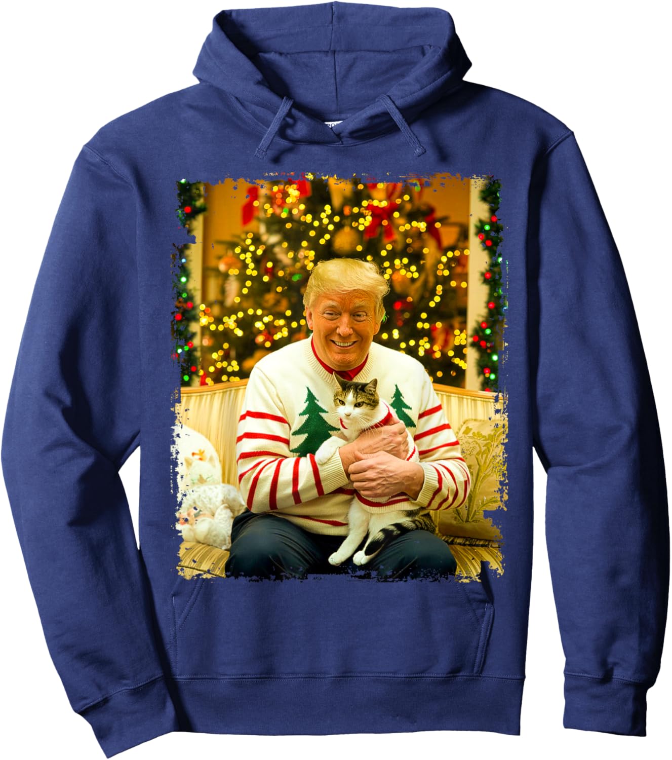 Funny Trump Christmas Sweater for Cat Lovers Xmas Pajamas Hoodie - Hoodie | Navy