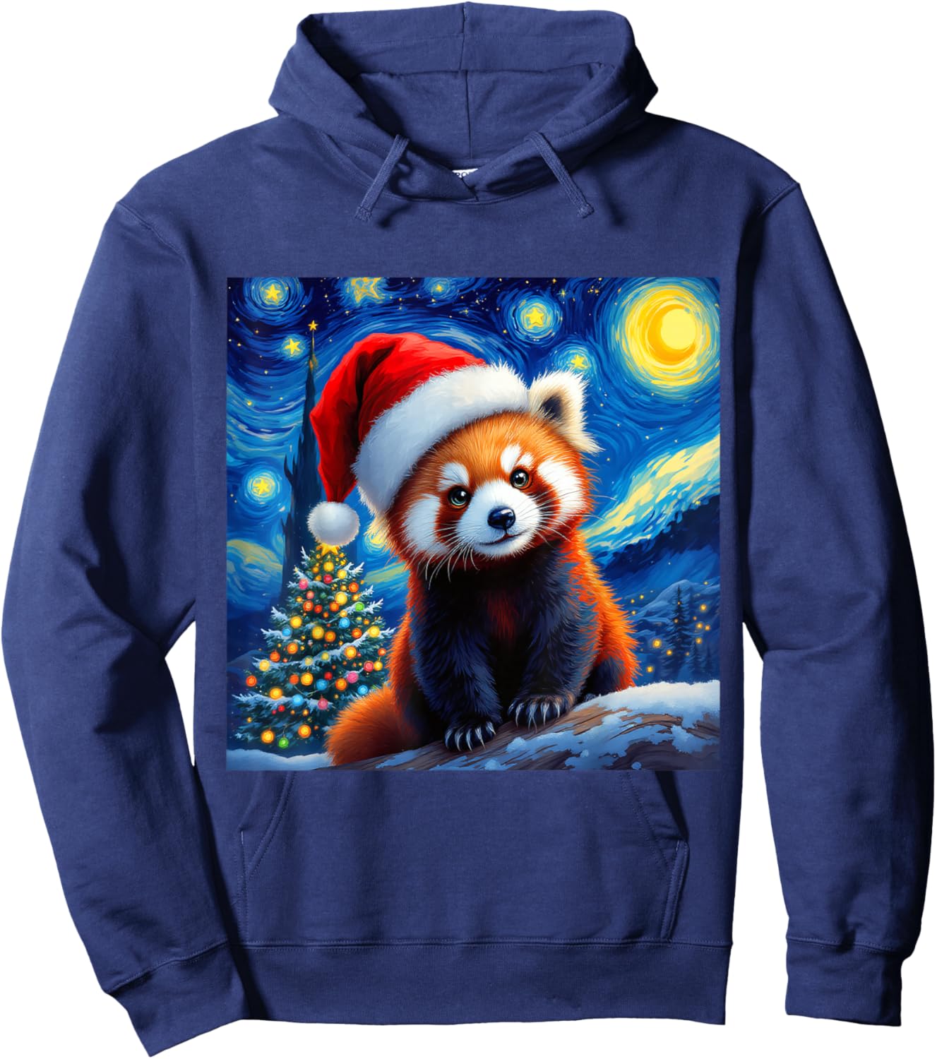 Christmas Red Panda Santa Hat Van Gogh Starry Night Holiday Hoodie - Hoodie | Navy
