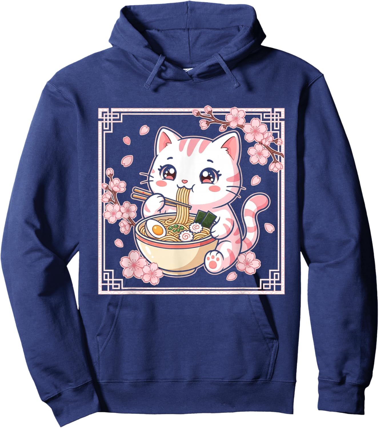 Kawaii Cat Ramen Anime Japanese Cherry Blossom Women Girls Hoodie - Hoodie | Navy