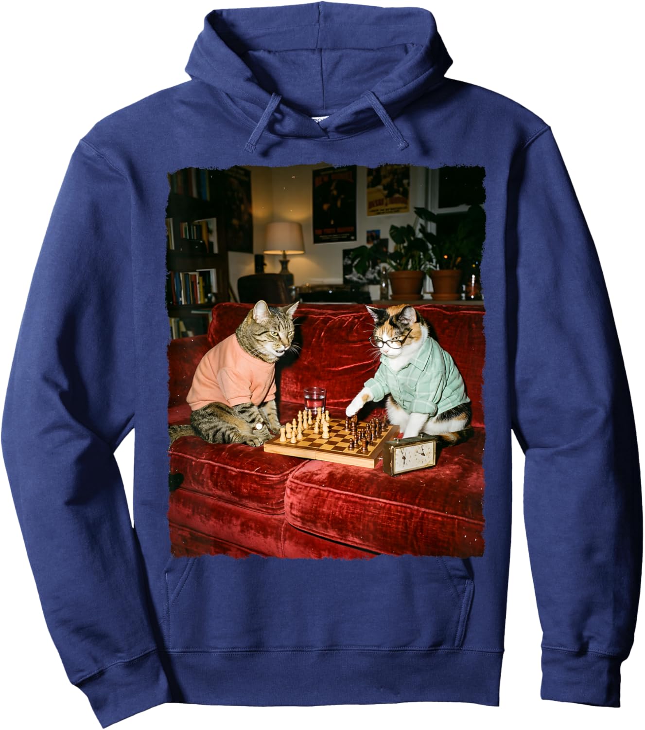 Funny Cats Playing Chess Player Checkmate Board Game Lover Hoodie - Hoodie | Navy